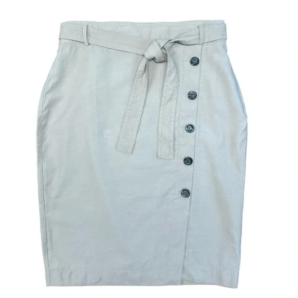 Ann Taylor Tan Khaki Cotton Sateen Pencil Skirt Button Detail & Belt Size 12 - Picture 5 of 13